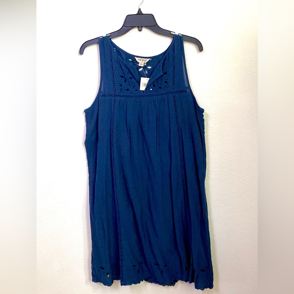 New! Lucky Brand Navy Blue Sleeveless Laser Cut Eyelet Lace Dress-Size Small